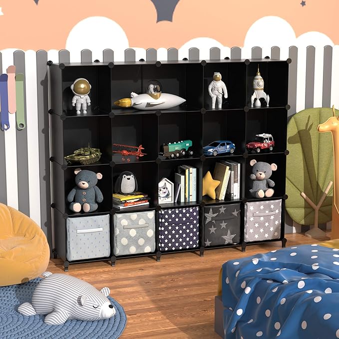 HOMIDEC 20-Cube Black Storage Organizer, Modular Shelf With Hammer, Storage Bin Cabinet Closet Bookshelf for Living Room, Bedroom, Office, Each Cube Size 11.8 x 11.8 Inch-NeatNest
