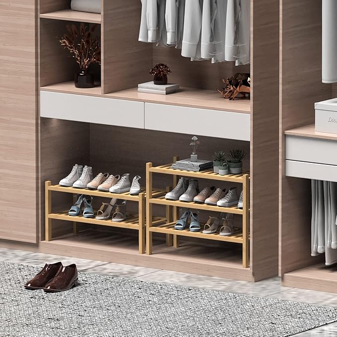 (Thick Bamboo Shoe Rack for Entryway, 2-Tier Free Standing Shoe Racks Stackable Shoe Rack Organizer for Hallway Closet Living Room 27 x12 x14 Inches-NeatNest