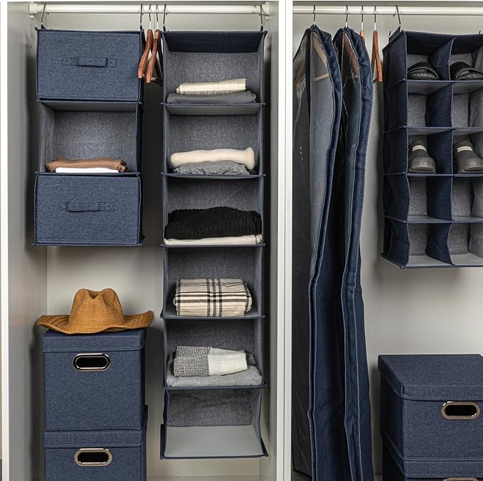 Household Essentials Hanging Cotton Blend Closet Organizer with 3 Storage Shelves, Denim-NeatNest