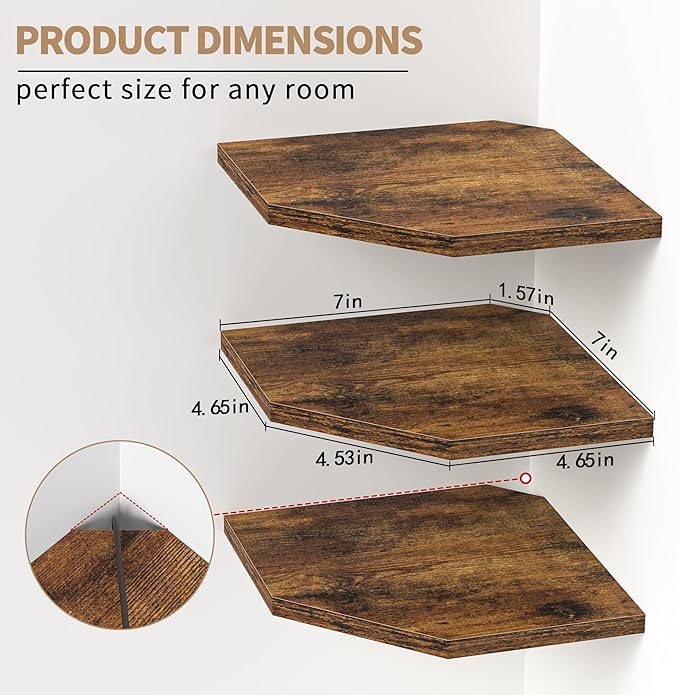 Corner Shelf Wall Mount, Floating Corner Shelves, Set of 6 Corner Wall Shelf Organizer, Rustic Wood Wall Storage Display Shelves for Living Room Bedroom Bathroom Kitchen, Rustic Brown-NeatNest