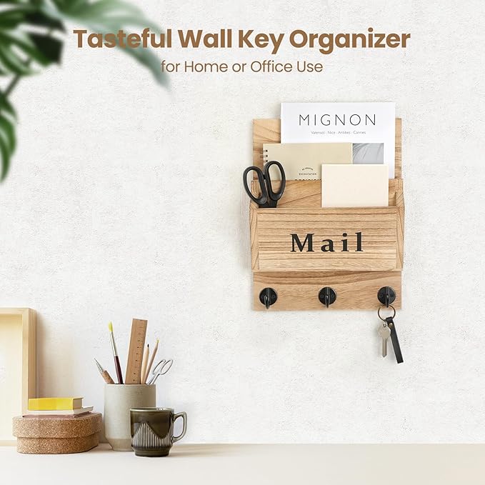 Mail and Key Holder - Decorative 9.8" x 12.5" Wall Key Hanger with 2 Mail Organizer Slots and 3 Hooks - Real Paulownia Wood with Keyhole Brackets, Hardware and Instructions (Wood)