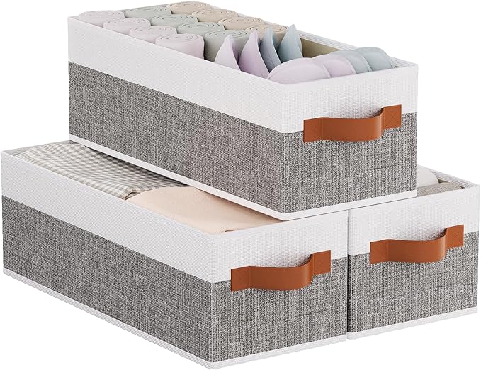 Collapsible Storage Bins 3-Pack, Foldable Baskets for Organizing, Clothes Boxes with Handles, Fabric Cubes Containers, White and Gray, 15 x 6 x 5 Inch-NeatNest