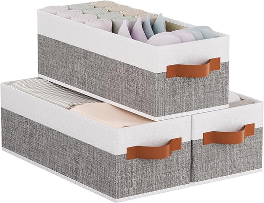 Collapsible Storage Bins 3-Pack, Foldable Baskets for Organizing, Clothes Boxes with Handles, Fabric Cubes Containers, White and Gray, 15 x 6 x 5 Inch-NeatNest