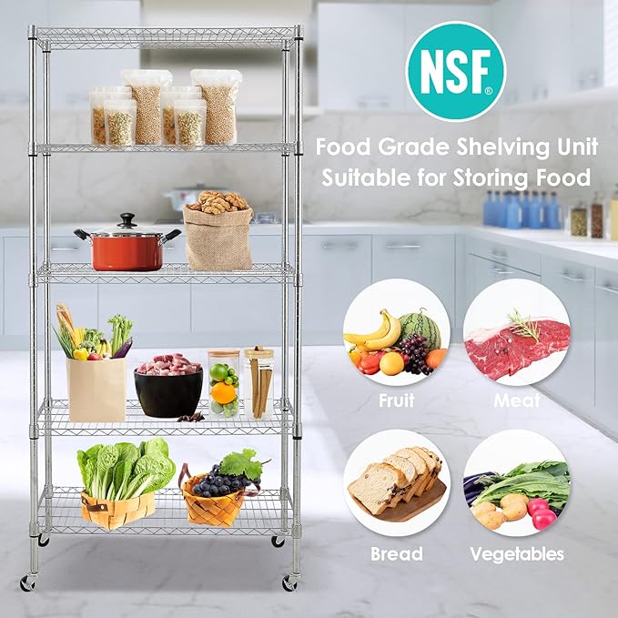 BNSPLY 5 Tier Wire Shelving Unit with Wheels, Height Adjustable Wire Shelves with NSF Certified, Mobile Metal Storage Rack Shelf Unit for Kitchen, Laundry, Garage (17.7" D x 35.5" W x 71" H, Chrome)-NeatNest