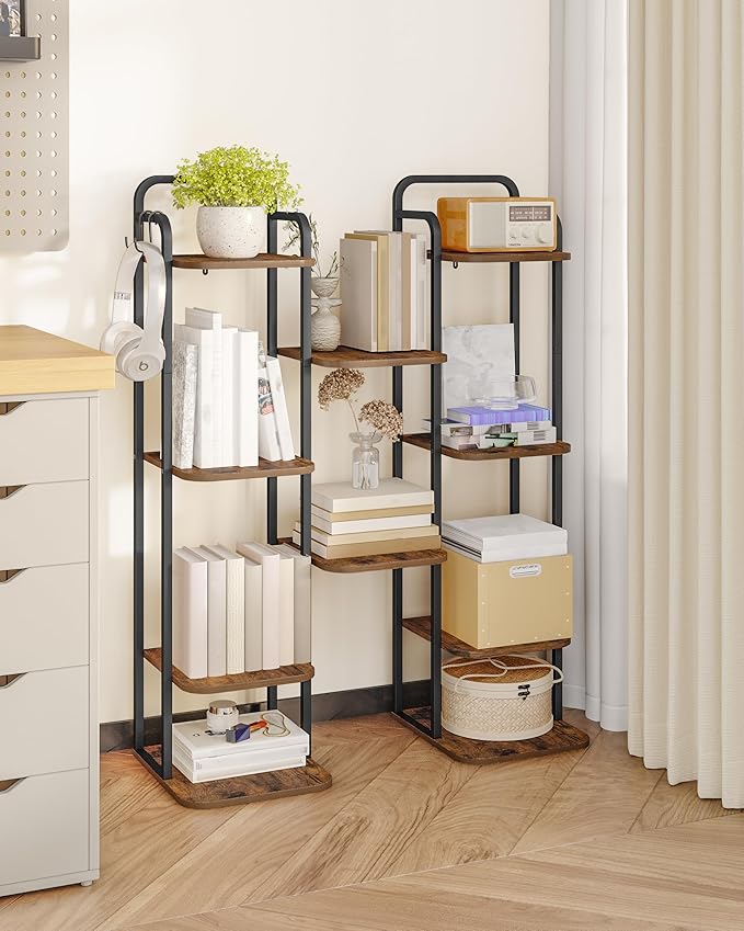 6 Tiers Vertical Shoe Rack, Narrow Shoe Tower, Tall Shoes Shelf with 2 Hooks, Adjustable Shelves, Corner Shoes Shelves for Small Spaces, Entryway, Living Room, Rustic Brown SR04201B-NeatNest