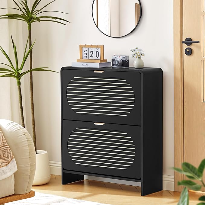 Narrow Shoe Storage Cabinet for Entryway with 2 Flip Drawers, Curved Edge Shoe Cabinet with Arched Stripe Panel, Freestanding Wood Shoe Organizer Closed Shoe Rack for Hallway, Foyer (Black)-NeatNest