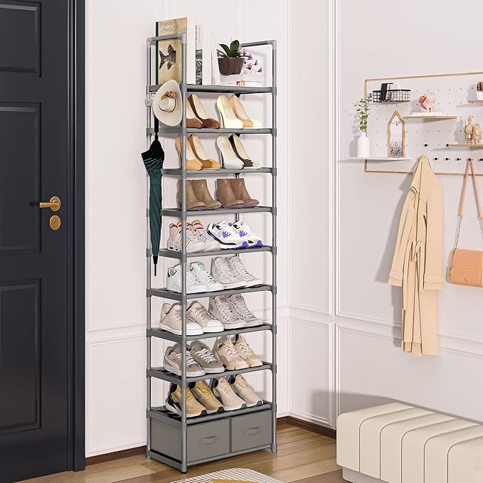 Shoe Rack, Sturdy Metal Shoes Rack Organizer,Narrow Shoe Rack,Shoe Racks for Closets,Shoes Rack,Shoe Stand,Shoe Shelf (10 Tier with 2 Boxes and 1 Hook)-NeatNest