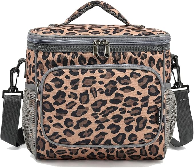 FlowFly Insulated Reusable Lunch Bag Adult Large Lunch Box for Women and Men with Adjustable Shoulder Strap,Front Zipper Pocket and Dual Large Mesh Side Pockets,Leopard-NeatNest