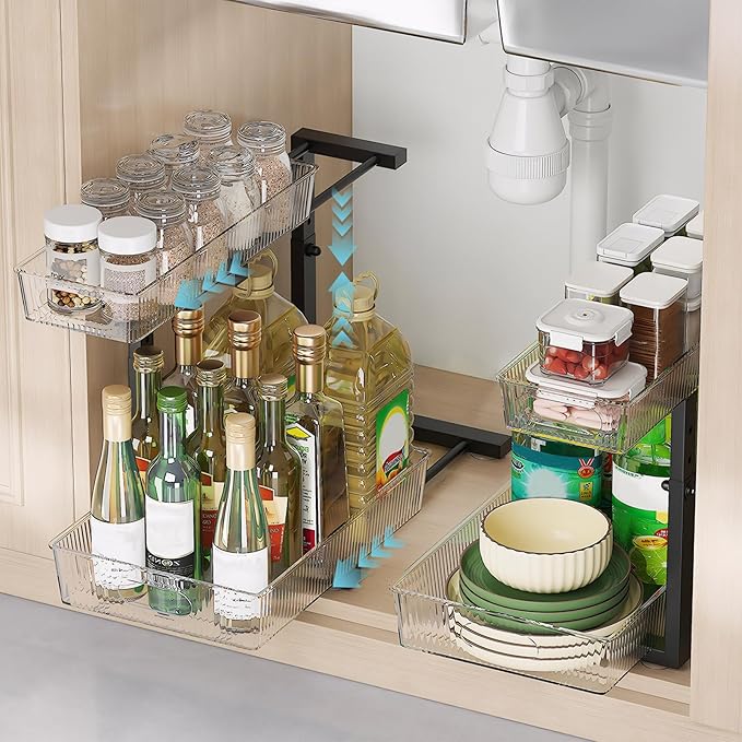 2 Pack Under Sink Organizer, 2-Tier Pull Out Cabinet Organizer, Acrylic Under Sink Storage Shelf for Kitchen Bathroom Cabinet, L-Shaped Adjustable Height for Clutter Cleaner Organization Rack-Black-NeatNest