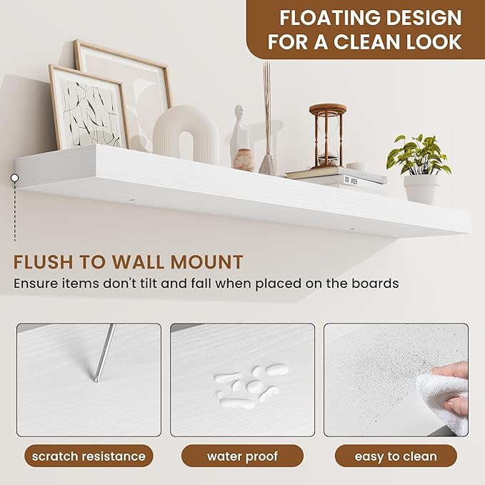 fuqing Floating Shelves for Wall, Bathroom Shelf Wall Mounted for Storage, Shelves with Invisible Bracket for Bedroom, Kitchen, Living Room, Farmhouse Small Book Shelf, 48 Inch Set of 2, White-NeatNest