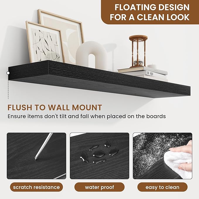 fuqing Floating Shelves for Wall, Bathroom Shelf Wall Mounted for Storage, Shelves with Invisible Bracket for Bedroom, Kitchen, Living Room, Farmhouse Small Book Shelf, 36 Inch Set of 2, Black-NeatNest