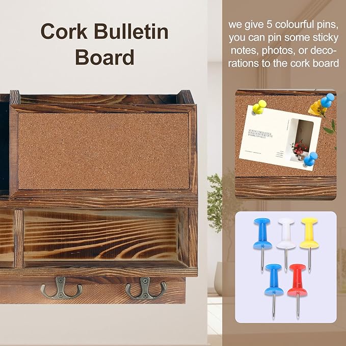 comfoyar Key Holder for Wall, Mail Organizer Wall Mount with Cork Board Bulletin Board, Key Rack with 4 Double Key Hooks and Shelf Storage, Dog Leash Holder for Entryway Rustic Home Decor, Brown