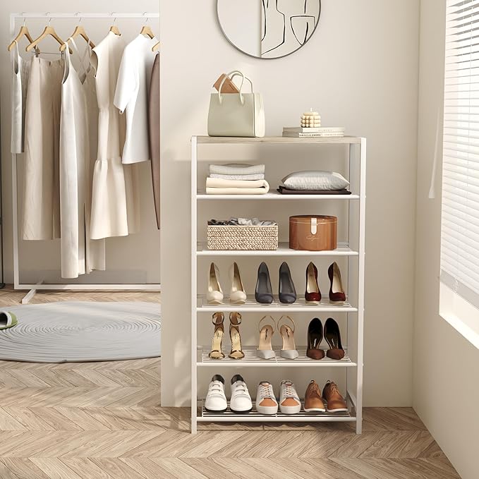 HOMEFORT Shoe Rack 6-Tier, Shoe Storage Shelf, Industrial Shoe Tower, Narrow Shoe Organizer for Closet Entryway, Small Shoe Rack Table with Durable Metal Shelves,White Oak-NeatNest
