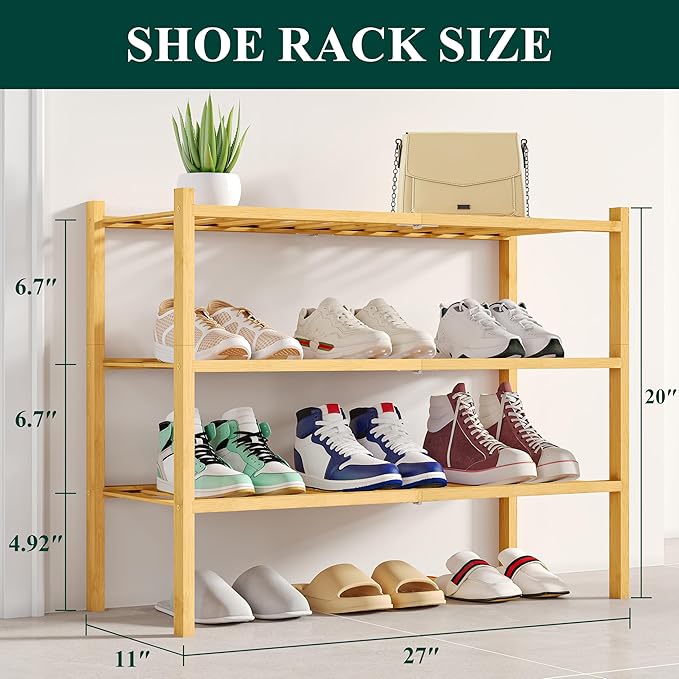 Smiry Shoe Rack, 3 Tier Bamboo Shoe Organizer, Stackable Free Standing Wooden Shoe Storage Shelf for Closet, Entryway, Front Door Entrance, Natural-NeatNest