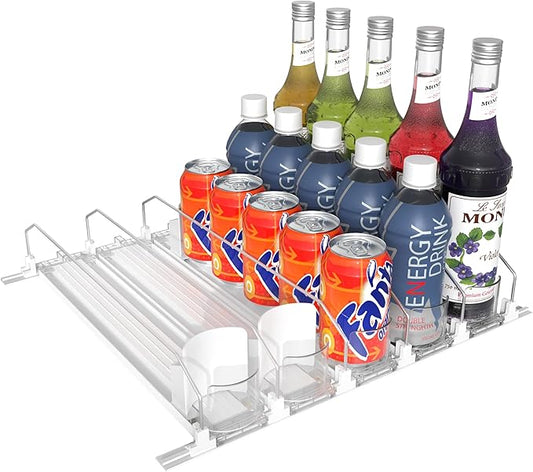 5 Rows Drink Organizer for Fridge, 15'' Soda Can Dispenser for Fridge with Pusher Glide, Width Adjustable Fridge Can Organization Hold Up to 25 Cans (White)