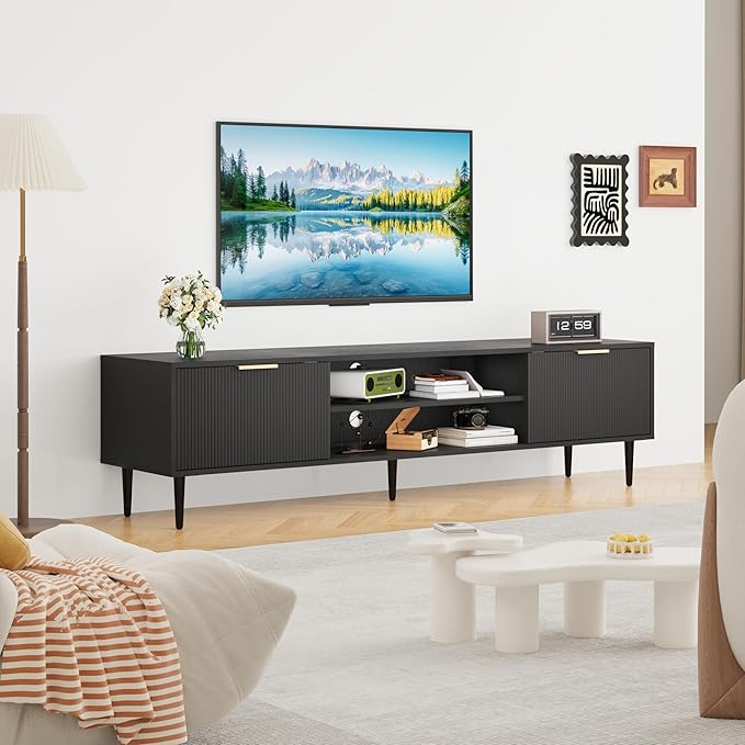 Black TV Stands, Mid Century Modern TV Stand, with 2 Large Storage Cabinets, for TVs Up to 75 in, Black Entertainment Center with Fluted Panel Design, TVs Stands for Living Room, for Bedroom, Office-NeatNest