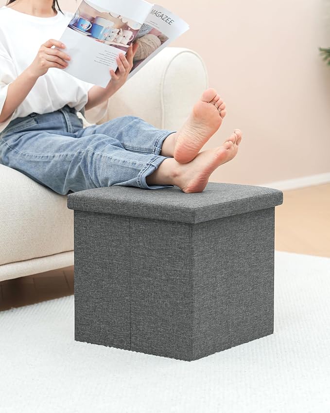 B FSOBEIIALEO Storage Ottoman with Tray, Small Ottomans Cube Folding Coffee Table Foot Stool Footrest Seat, Dark Grey Linen 16"X15.7"x15"-NeatNest
