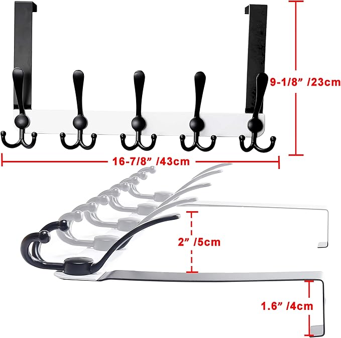 SKOLOO Over The Door Hook - for Doors up to 1-3/4'' Thickness, Pack of 2, Metal Door Hanger with 5 Triple Hooks, Black on White Over The Door Hanger for Coats, Hats,Towels, Assembly Required