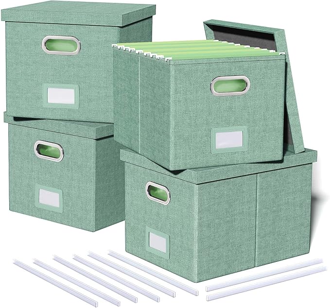 4 Pack File Storage Organizer, Document Organizer, Portable File Box with Lid, Fit for Letter/Legal File Folder Storage,Green-Box only