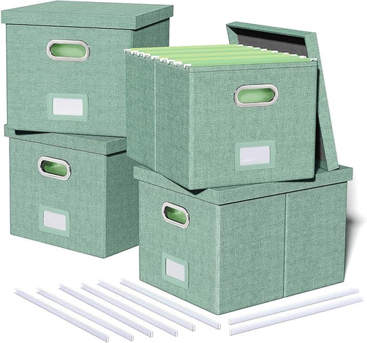 4 Pack File Storage Organizer, Document Organizer, Portable File Box with Lid, Fit for Letter/Legal File Folder Storage,Green-Box only