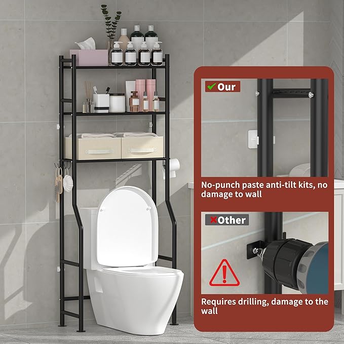 3 Tier Over The Toilet Storage Rack with 2 Basket, Metal Freestanding Bathroom Shelves Toilet with Paper Holder and 4 Hooks, Over Toilet Storage Shelf for Bathroom Storage, Black-NeatNest
