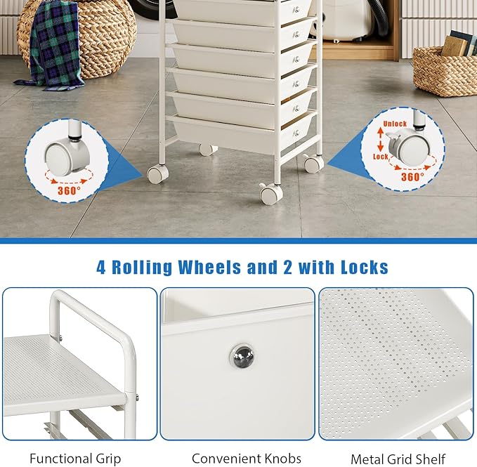 6-Tier Utility Cart with 6 Drawers, Rolling Utility Cart with 2 Lockable Caster Wheels, Multipurpose Mobile Rolling Drawer Cart for Office Bathroom Kitchen, Ivory White