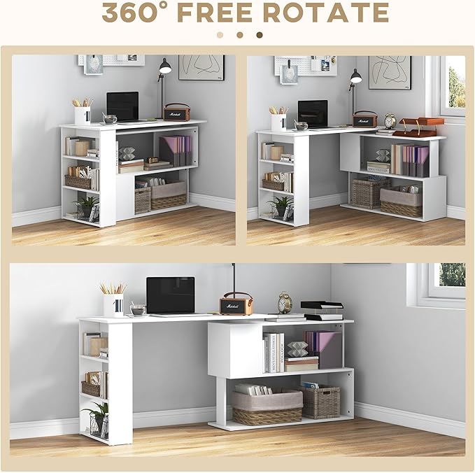 HOMCOM L Shaped Desk, Corner Computer Desk, 360 Degree Rotating Home Office Desk with Storage Shelves, Writing Table Workstation, White-NeatNest