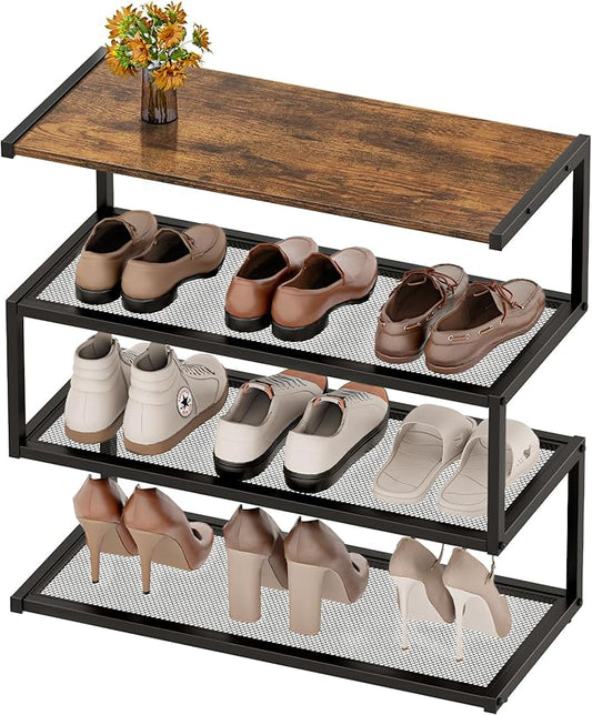 Shoe Rack, Unique 5-Shaped Free Standing Shoe Shelf, 4-Tier Wooden Shoe Organizer with Wooden Top and Steel Frame for Front Door Entrance, Entryway, Hallway, 24.41" D x 11.02" W x 23.23" H-NeatNest