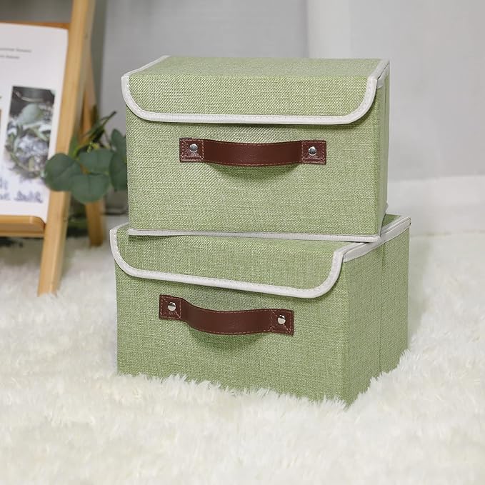 ANMINY 2PCS Storage Bins with Lid PU Leather Handles Storage Boxes PP Plastic Board Decorative Foldable Lidded Cotton Linen Fabric Home Cubes Baskets Closet Organizer Containers - Green, Small Size-NeatNest