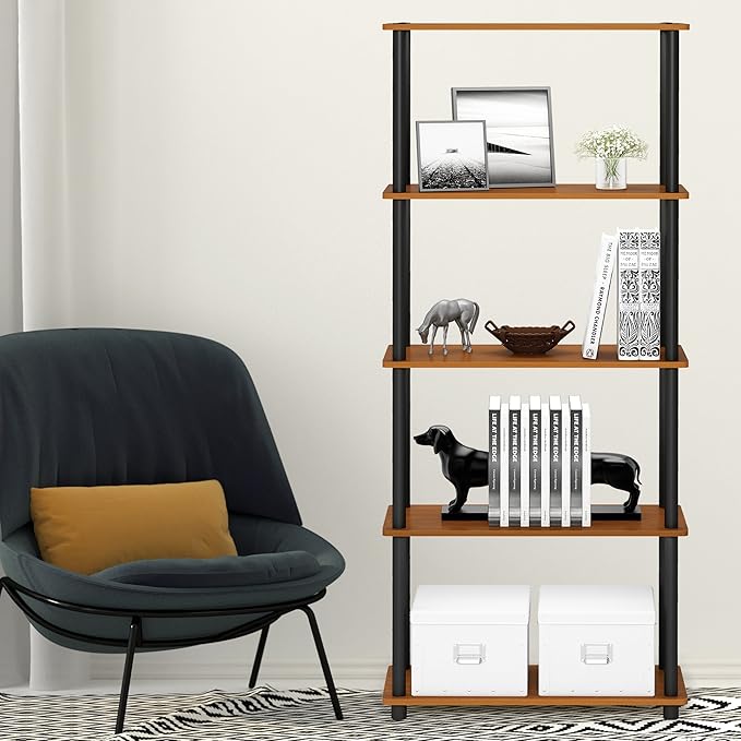 Furinno Turn-N-Tube 5-Tier Multipurpose Shelf / Display Rack / Storage Shelf / Bookshelf, Round Tubes, Light Cherry/Black-NeatNest