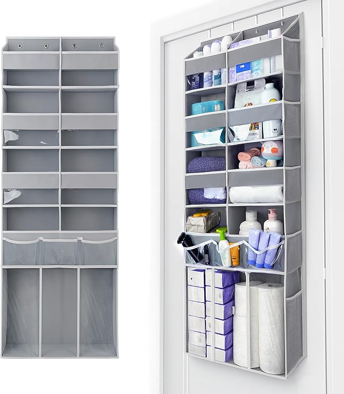 Extra Large Over The Door Organizer with Clear Pockets - 8 Compartments & XL Bottom Storage, Heavy-Duty Hanging Organizer for Bathroom, Bedroom, Closet (57 Inch Height,Grey).