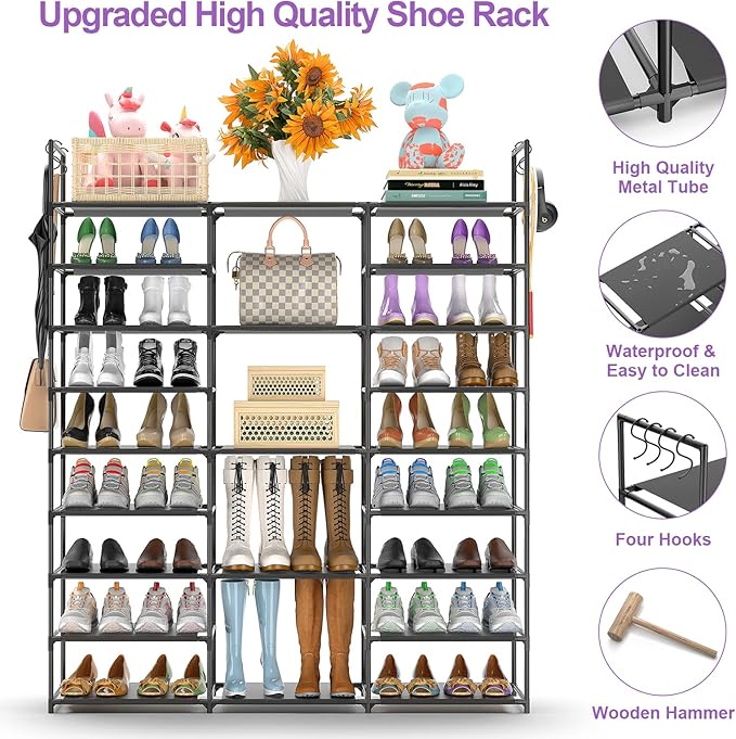 Kottwca Shoe Rack Organizer, Large Shoe Rack for Entryway Closet, Metal Shoe Shelf for Shoes and Boots, Big Non-Woven Fabric Shoe Storage Organizer with Hooks for Cloakroom, Black…-NeatNest