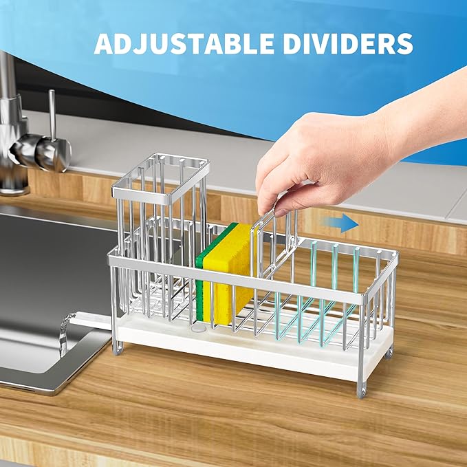 Cisily Silver Sponge Holder for Kitchen Sink, Sink Caddy Organizer with High Brush Holder, Kitchen Countertop Organizers and Storage Essentials, Rustproof 304 Stainless Steel, Soap Dispenser Organize-NeatNest