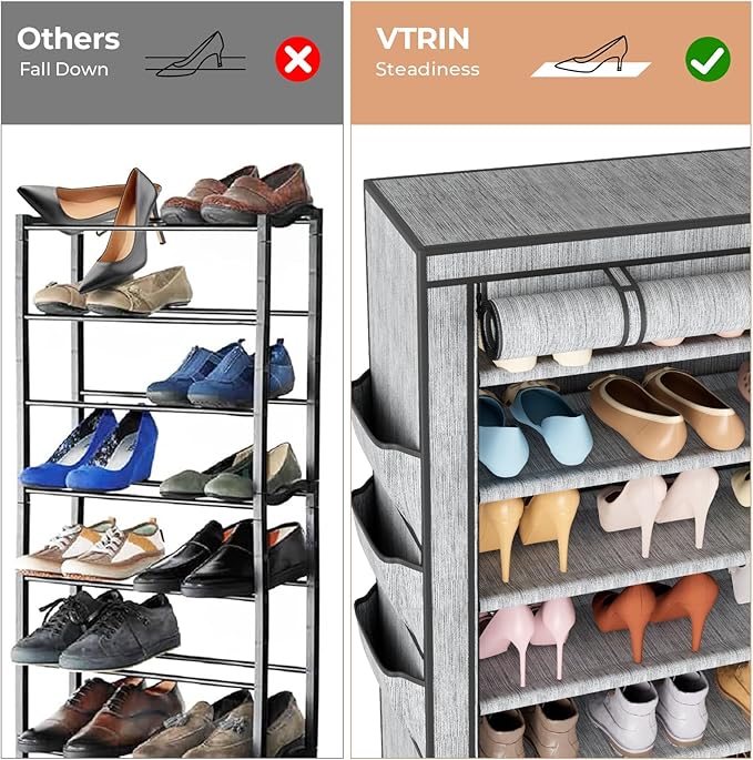 VTRIN Vertical Narrow Shoe Rack Organizer Tall Shoe Rack for Closet Entryway 10 Tier Non-Woven Cover Shoe Shelf Holds 36-41 Pairs Free Standing Shoe Storage Cabinet with Dustproof Cover, Multi Color-NeatNest