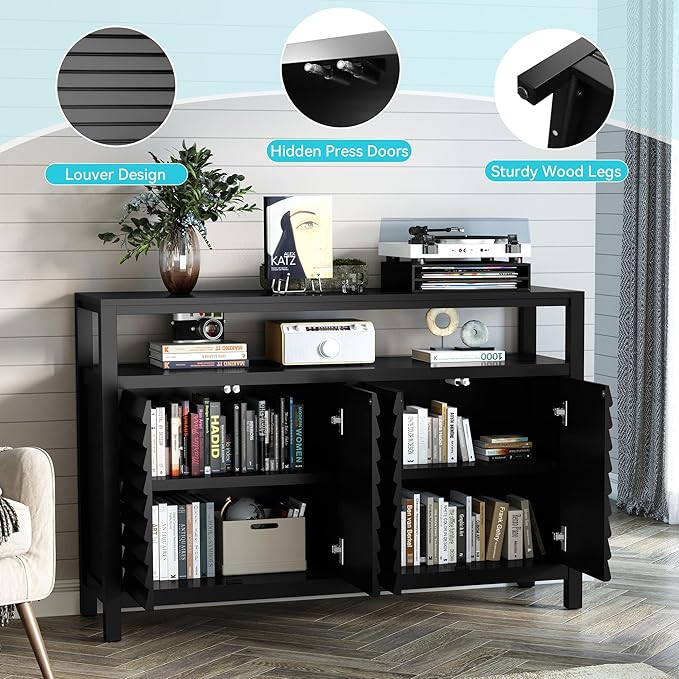 HLR Bathroom Floor Storage Cabinet, Farmhouse Sideboard with Decorative Louvered Doors, Bathroom Storage Unit with 4 Doors & Shelves, Freestanding Credenza for Dining Room, Living Room, Hallway, Black-NeatNest