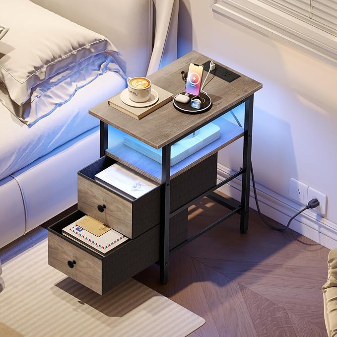 HOOBRO Narrow Side Table with LED Light and USB C Port, Night Stand with Charging Station, Skinny End Table with 2 Fabric Drawers, for Bedroom, Living Room, Greige and Black BG486UDBZ01