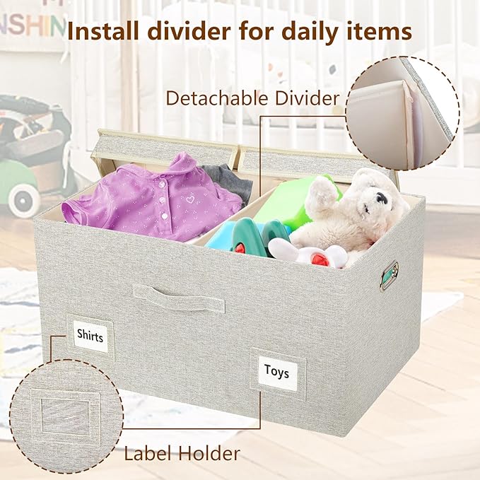75 Quarts Extra Large Decorative Storage Bins with Lids, 3 Packs Beige Collapsible Storage Bins with Lids, Stackable Storage Bins Decorative Box Storage With Lid Extra Large-NeatNest