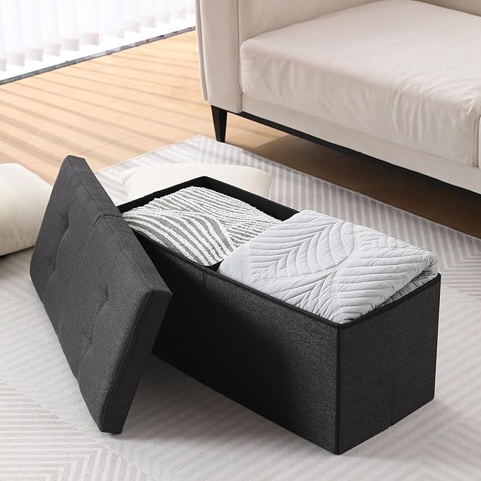CUYOCA Storage Ottoman Bench Foldable Seat Footrest Shoe Bench End of Bed Storage with Flipping Lid, 75L Storage Space, 30 inches Linen Fabric Black-NeatNest
