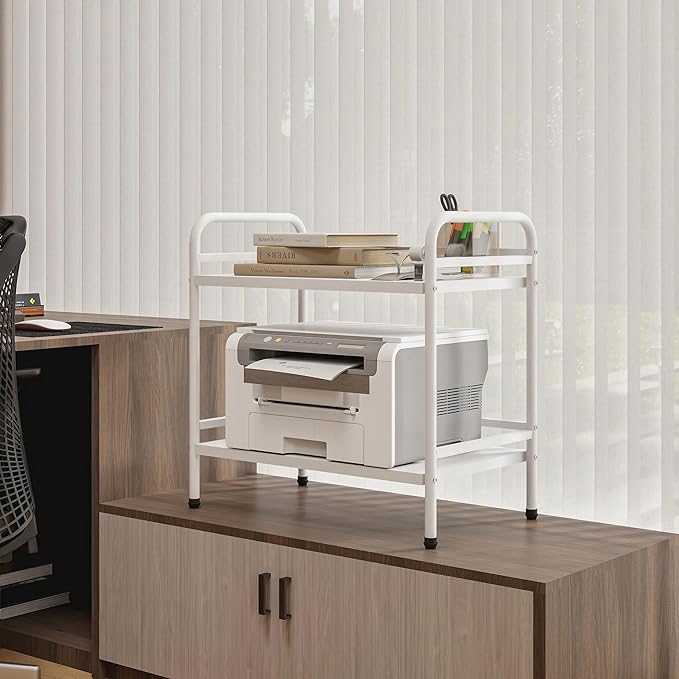 HDANI 2 Tier Under Desk Printer Stand with Storage,Microwave Storage Rack,Metal Rolling Printer Cart with Wheels for Home Office,Utility Storage Cart and Stand,White