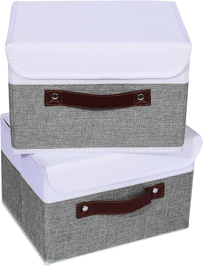 ANMINY 4PCS Storage Boxes with Lid Washable Decorative Storage Bins Basket with PU Leather Handle Foldable Linen Fabric Storage Cubes Containers for Home Closet Organizer - Gray White, Small Size-NeatNest