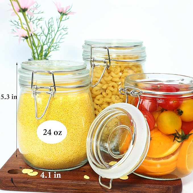 Glass Jars With Airtight Lid 24 Oz (Set Of 3) Wide Mouth Mason Glass Sealed Storage Canisters Leakproof For Coffee Sugar Nuts Spice Refrigerator Pickles & Preserves Tea For Fridge Kitchen Pantry