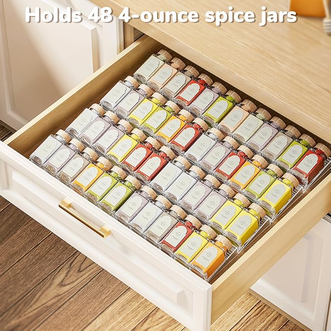 2-Tier Spice Drawer Organizer 4 Pack, Expandable from 11" to 22" Clear Acrylic Spice Rack for Drawer, Kitchen Spice Organization, Seasoning Organizer Holds Up to 48 Jars(Jars Not Included)-NeatNest