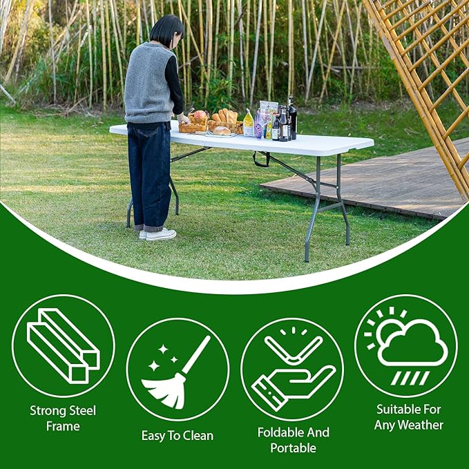 6 Foot Folding Table Small Table Multipurpose Indoor Outdoor Heavy Duty Camping Table Portable Picnic Table Fold-in-Half Utility Dining Table Lock for Picnic, Party, Camping,White-NeatNest