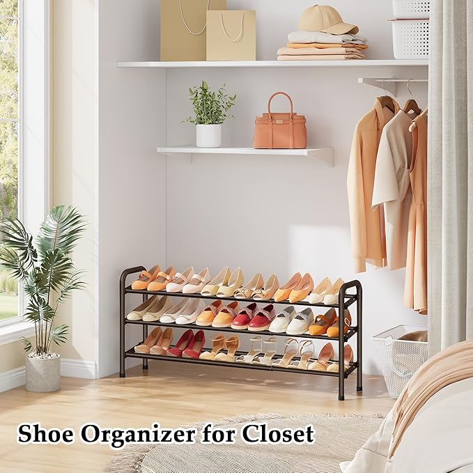3 Tier Shoe Organizer, Shoe Rack for Closet, 28“ Metal Shelf Can Expandable to 42“, for Bedroom, Entryway, Closet, Garage, Adjustable to 18 Pairs Shoes, Brown-NeatNest