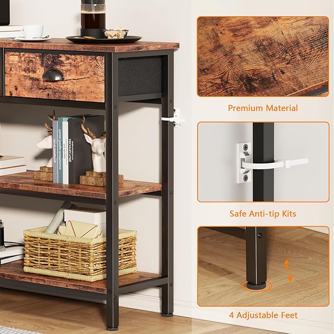 Furologee Long 47" Console Sofa Table with 3 Drawers, Entryway Table with 3-Tier Storage Shelves, Industrial Display Shelf for Entry Way, Hallway, Couch, Living Room, Kitchen, Foyer, Rustic Brown-NeatNest