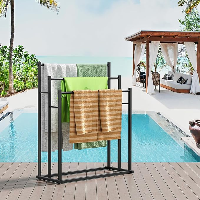 Honiter Towel Racks for Bathroom, 3 Tier Wide Towel Drying Rack Outdoor, Free Standing Towel Rack, Pool Towel Blanket Stand and Display Rack for Oversized Bath Towels, Black