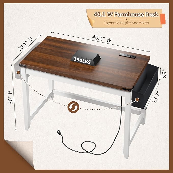 EnHomee 40 Inch Small Desk with Detachable Storage Bag, Modern Simple Computer Desk with Power Outlet, Study Writing Table for Small Spaces, Study Desks for Bedroom, Brown & White-NeatNest