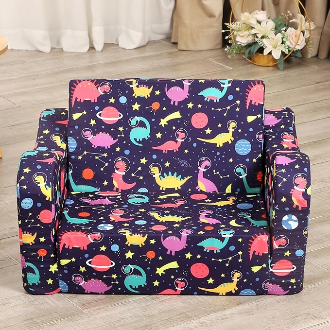 Dinosaur Kids Sofa, 2-in-1 Kids Couch Fold Out, Convertible Sofa to Bed for Girls and Boys-NeatNest
