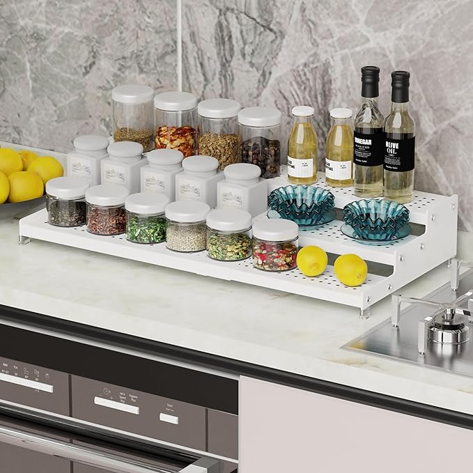 Expandable Spice Rack organizer with 3-Tier step shelf,Modern Design heavy duty,Non Skid and Visibility ,Great for Kitchen Cabinet,Bathroom,dressing table,Cupboard, Pantry and more(2PACKS/WHITE)-NeatNest