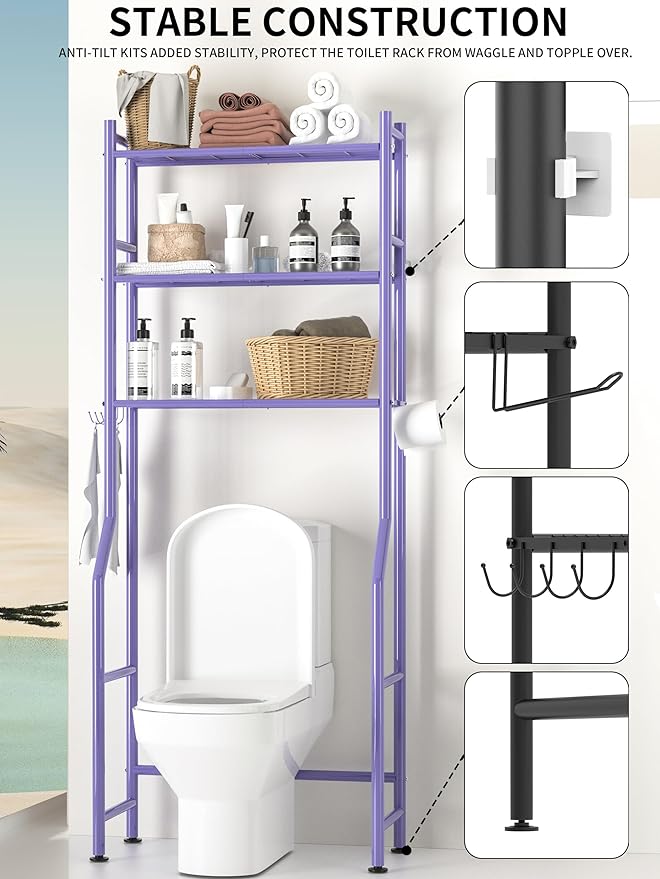 3-Tier Over The Toilet Storage, Space Saver Metal Bathroom Shelves, Freestanding Above Over Toilet Storage Shelf with 4 Hooks for Bathroom, Purple-NeatNest